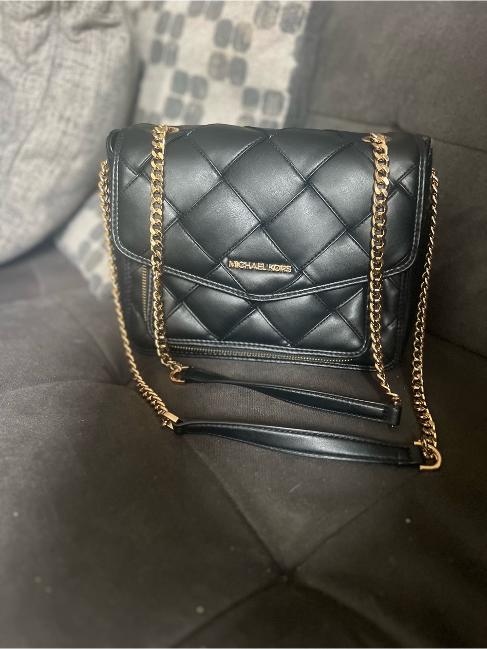 Michael Kors Black Quilted Leather Crossbody with Gold Chain